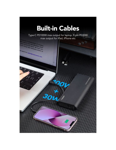 VEGER powerbank 25 000 mAh avec câbles Type C / Lightning PD 130W intégrés TCE130 (W2503) noir