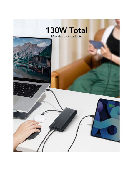 VEGER powerbank 25 000 mAh avec câbles Type C / Lightning PD 130W intégrés TCE130 (W2503) noir