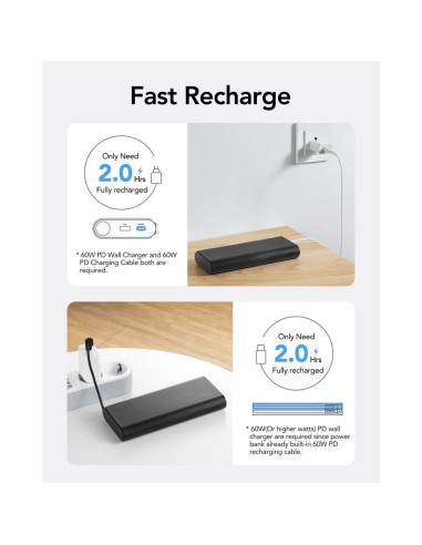 VEGER powerbank 25 000 mAh avec câbles Type C / Lightning PD 130W intégrés TCE130 (W2503) noir