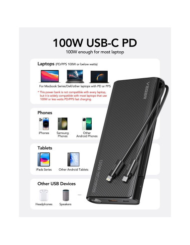 VEGER powerbank 25 000 mAh avec câbles Type C / Lightning PD 130W intégrés TCE130 (W2503) noir