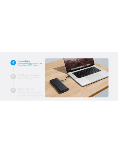 VEGER powerbank 25 000 mAh avec câbles Type C / Lightning PD 130W intégrés TCE130 (W2503) noir