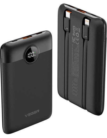 VEGER powerbank 10 000 mAh avec câbles intégrés Type C / Lightning PD QC3.0 2A 22.5W C11 (W1170) noir