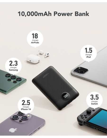 VEGER powerbank 10 000 mAh avec câbles intégrés Type C / Lightning PD QC3.0 2A 22.5W C11 (W1170) noir