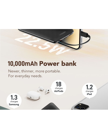 VEGER powerbank 10 000 mAh avec câbles intégrés Type C / Lightning PD QC3.0 2A 22.5W C11 (W1170) noir