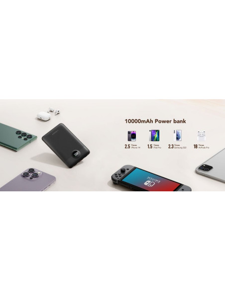 VEGER powerbank 10 000 mAh avec câbles intégrés Type C / Lightning PD QC3.0 2A 22.5W C11 (W1170) noir