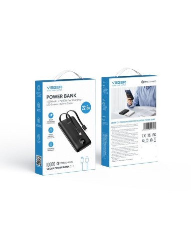 VEGER powerbank 10 000 mAh avec câbles intégrés Type C / Lightning PD QC3.0 2A 22.5W C11 (W1170) noir