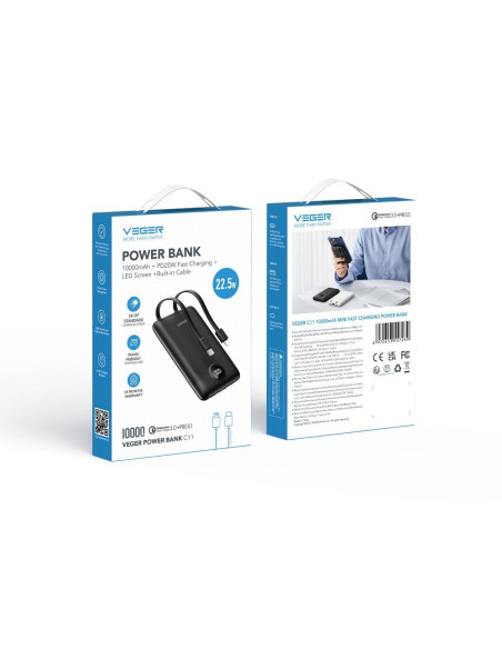 VEGER powerbank 10 000 mAh avec câbles intégrés Type C / Lightning PD QC3.0 2A 22.5W C11 (W1170) noir