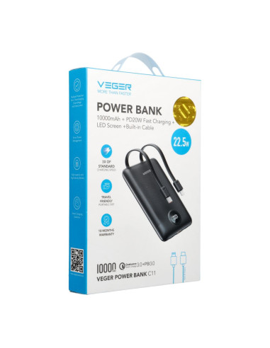 VEGER powerbank 10 000 mAh avec câbles intégrés Type C / Lightning PD QC3.0 2A 22.5W C11 (W1170) noir