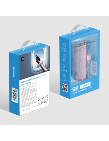 Banque d'énergie VEGER 5 000 mAh avec PD intégré Type C QC3.0 2.4A 12W PlugOn (W0573) rose