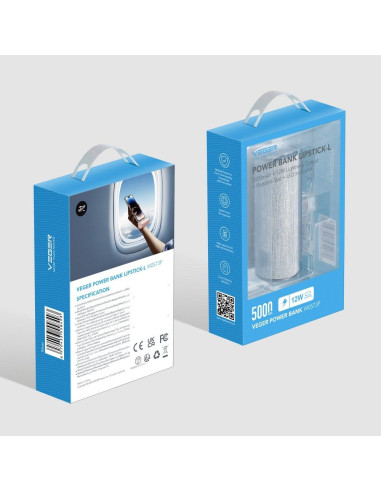Banque d'énergie VEGER 5 000 mAh avec Lightning PD QC3.0 2.4A 12W PlugOn (W0573P) argenté