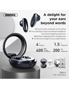 REMAX TWS-9 Écouteurs sans fil / bluetooth avec station d'accueil et miroir noir 2