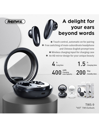REMAX TWS-9 Écouteurs sans fil / bluetooth avec station d'accueil et miroir noir