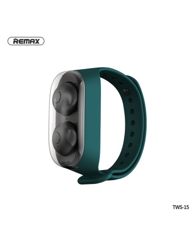 REMAX ecouteurs sans fil / bluetooth TWS-15 w station d"accueil inclue dans le smartband gris