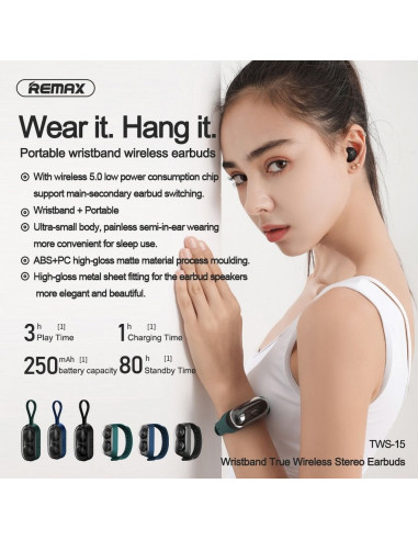 REMAX ecouteurs sans fil / bluetooth TWS-15 w station d"accueil inclue dans le smartband gris
