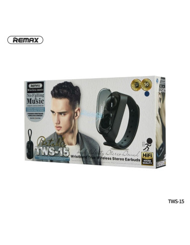 REMAX ecouteurs sans fil / bluetooth TWS-15 w station d"accueil inclue dans le smartband gris
