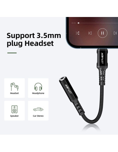 ACEFAST C1-05 câble audio Lightning 8 broches - Jack 3,5 mm (femelle) MFi 18 cm noir en alliage d'aluminium