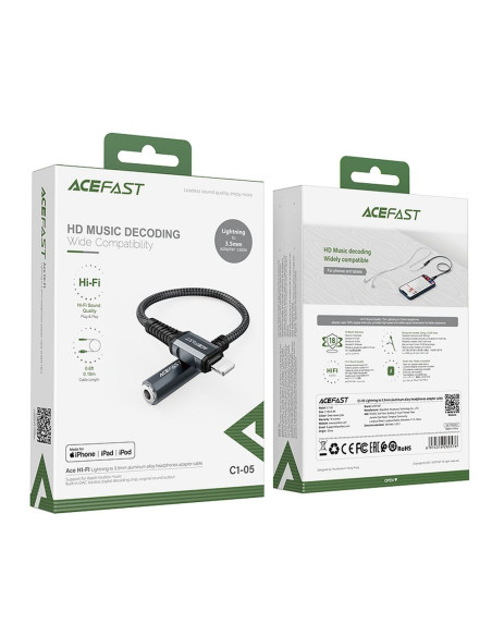 ACEFAST C1-05 câble audio Lightning 8 broches - Jack 3,5 mm (femelle) MFi 18 cm noir en alliage d'aluminium