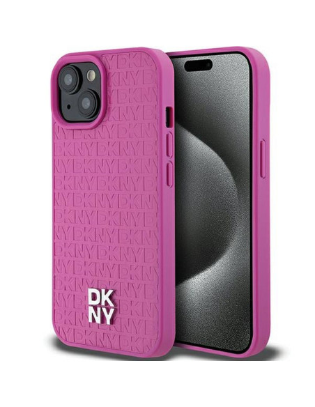 Coque DKNY pour IPHONE 15 compatible avec MagSafe DKHMP15SPSHRPSP (DKNY HC MagSafe Pu Repeat Pattern W/Stack Logo) rose