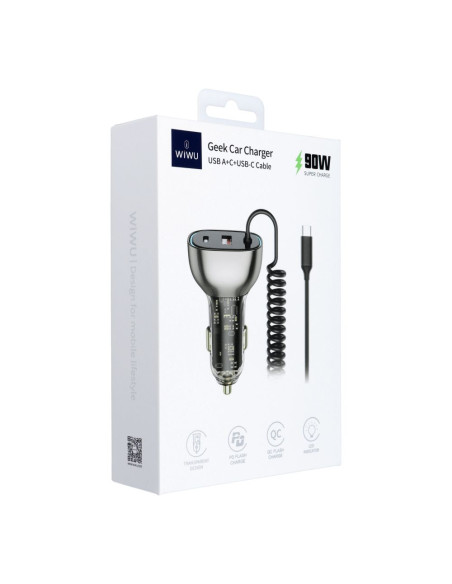 WiWU - Wi-QC016 Chargeur de voiture 90W avec câble USB C et port USB A