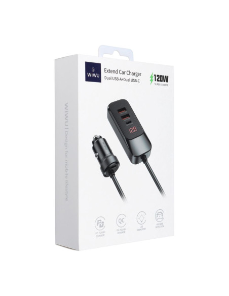 WiWU - Chargeur de voiture multiport avec câble d'extension Wi-QC015 120W PD+QC 2xUSB A + 2xUSB C
