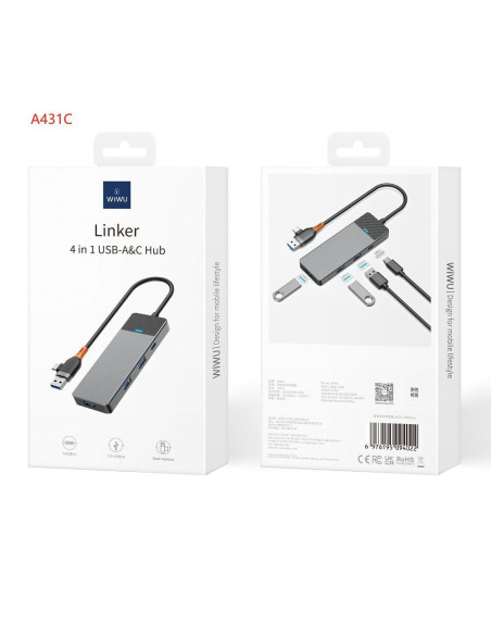 WiWU - HUB A431C 4in1 plug USB A/C à USB3.0x3+USB-Cx1