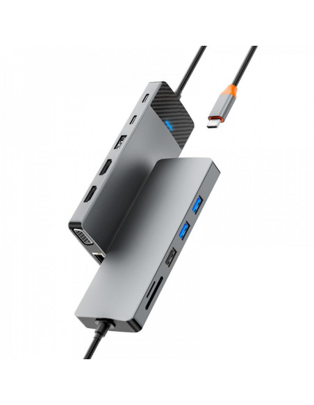 WiWU - HUB 12in1 pro USB3.0x2+USB2.0x2+PD(100W)+USB-C(3.0)+SD/TF(2.0)+HDMIx2(4K30HZ)+VGA (1080P)+LAN (Gigabit)