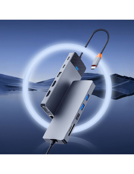 WiWU - HUB 12in1 pro USB3.0x2+USB2.0x2+PD(100W)+USB-C(3.0)+SD/TF(2.0)+HDMIx2(4K30HZ)+VGA (1080P)+LAN (Gigabit)