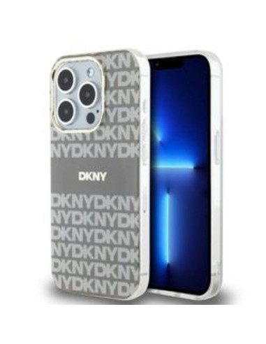 Coque pour IPHONE 15 Pro compatible avec MagSafe DKHMP15LHRHSEE (DKNY HC MagSafe PC TPU Repeat Texture Pattern W/ Stripe) beige