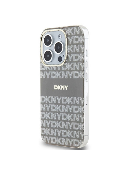 Coque pour IPHONE 15 Pro compatible avec MagSafe DKHMP15LHRHSEE (DKNY HC MagSafe PC TPU Repeat Texture Pattern W/ Stripe) beige