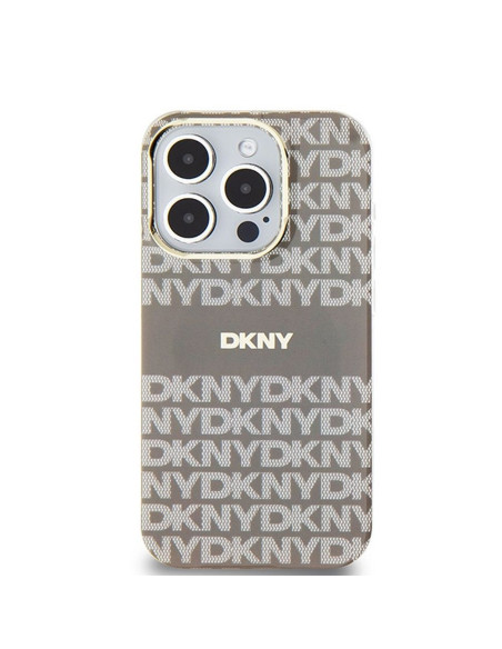 Coque pour IPHONE 15 Pro compatible avec MagSafe DKHMP15LHRHSEE (DKNY HC MagSafe PC TPU Repeat Texture Pattern W/ Stripe) beige