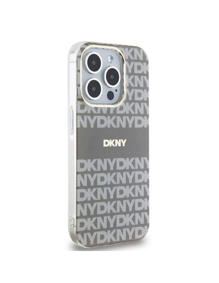 Coque pour IPHONE 15 Pro compatible avec MagSafe DKHMP15LHRHSEE (DKNY HC MagSafe PC TPU Repeat Texture Pattern W/ Stripe) beige