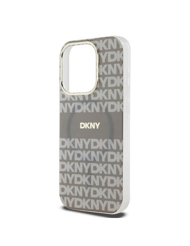 Coque pour IPHONE 15 Pro compatible avec MagSafe DKHMP15LHRHSEE (DKNY HC MagSafe PC TPU Repeat Texture Pattern W/ Stripe) beige