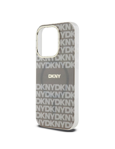 Coque pour IPHONE 15 Pro compatible avec MagSafe DKHMP15LHRHSEE (DKNY HC MagSafe PC TPU Repeat Texture Pattern W/ Stripe) beige