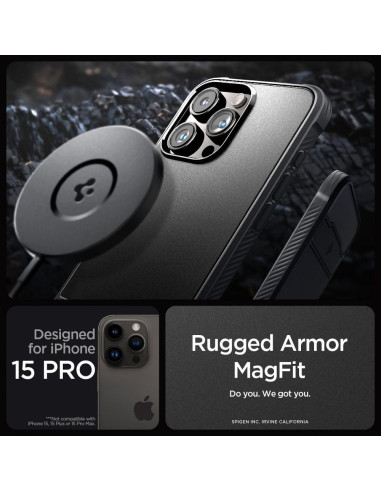 SPIGEN Rugged Armor Coque compatible MAG pour IPHONE 15 PRO noir mat