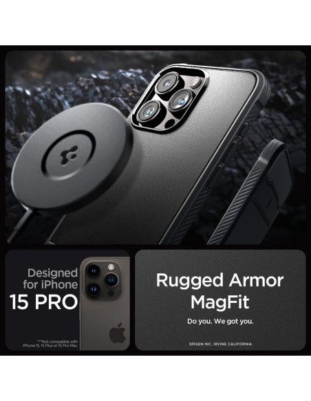 SPIGEN Rugged Armor Coque compatible MAG pour IPHONE 15 PRO noir mat