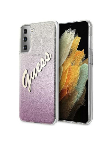 Véritable GUESS Case GUHCS21MPCUGLSPI pour Samsung S21 Plus (Glitter Gradient Script / pink)