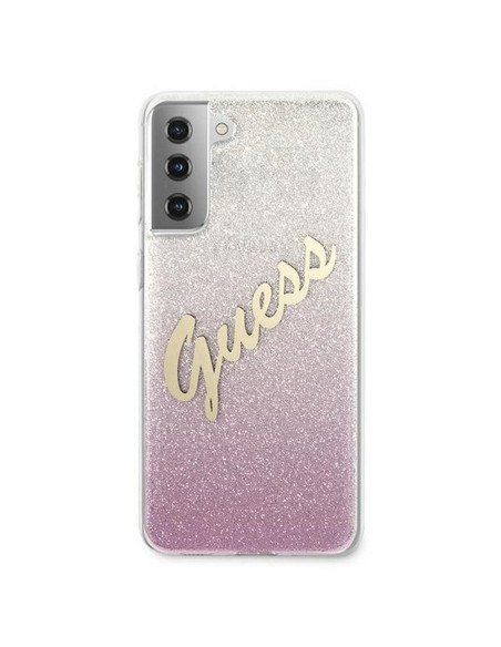 Véritable GUESS Case GUHCS21MPCUGLSPI pour Samsung S21 Plus (Glitter Gradient Script / pink)