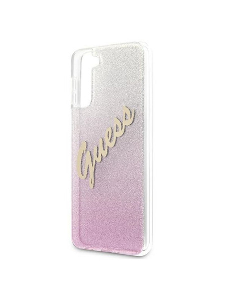 Véritable GUESS Case GUHCS21MPCUGLSPI pour Samsung S21 Plus (Glitter Gradient Script / pink)