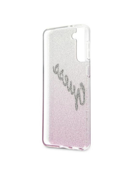Véritable GUESS Case GUHCS21MPCUGLSPI pour Samsung S21 Plus (Glitter Gradient Script / pink)