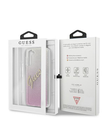Véritable GUESS Case GUHCS21MPCUGLSPI pour Samsung S21 Plus (Glitter Gradient Script / pink)