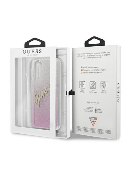 Véritable GUESS Case GUHCS21MPCUGLSPI pour Samsung S21 Plus (Glitter Gradient Script / pink)