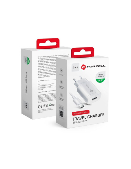 CHARGEUR SECTEUR FORCELL AVEC CABLE micro USB type C - 2,4A AVEC FONCTION QUICK CHARGE 3.0