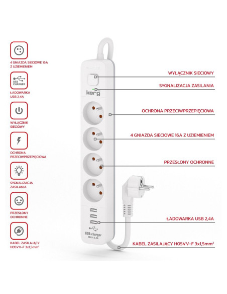 Bloc multiprises 4 prises + 3 x USB A 3×1,5mm² H05VV-F 16A/250V~M02414 3 m blanc