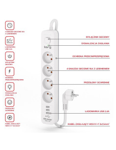 Power strip 4 socket + 3 x USB A 3×1.5mm² H05VV-F 16A/250V~M02415 5 m white 2
