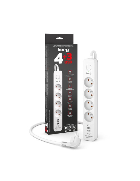 Power strip 4 socket + 3 x USB A 3×1.5mm² H05VV-F 16A/250V~M02415 5 m white