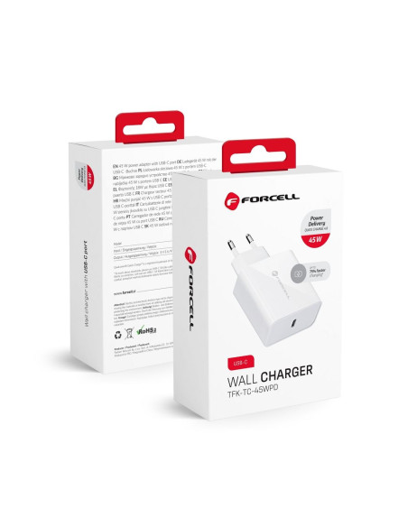 Chargeur secteur FORCELL avec cable USB type C - 3A 45W avec fonctions de charge PD et Quick Charge 4.0