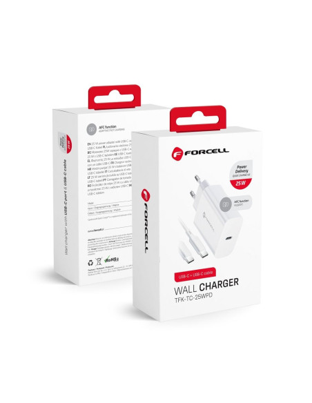 Chargeur secteur Forcell avec câble USB type C et câble type C - 3A 25W avec fonction de charge PD et QC 4.0