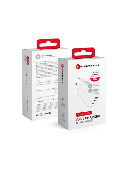 Chargeur secteur Forcell GaN 65W avec 2x connecteurs USB type C et 1x USB A - 3A avec fonction de charge PD et QC 4.0