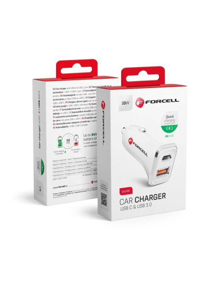 Chargeur voiture FORCELL USB 3.0 + USB C Quick Charging + Power Delivery PD20W 4A CC-QCPD01 blanc