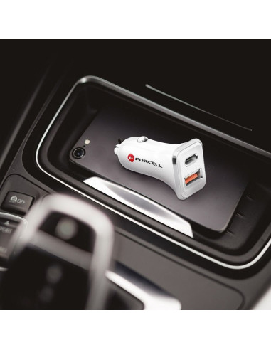 Chargeur voiture FORCELL USB 3.0 + USB C Quick Charging + Power Delivery PD20W 4A CC-QCPD01 blanc